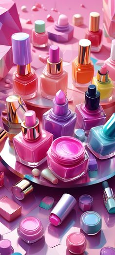 many different types of cosmetics on a pink surface