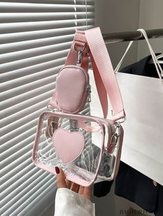 BagForLove - Compact Transparent Bag Set with Coin Purse Product Description Color Pink Details Contrast Binding Type Square Bag Bag Size Mini Strap Type Adjustable Pattern Type Heart Style Fashionable Closure Type Zipper Composition 100% Polyvinyl Chloride Material PVC Size Chart INCH CM Strap Length Bag Length Bag Width Bag Height 47.2 inch 7.9/3.9 inch 3.5/0.8 inch 5.1/2 inch Strap Length Bag Length Bag Width Bag Height 120 cm 20/10 cm 9/2 cm 13/5 cm Details Pictures Similar Products h2 { tex Pink Shoulder Bag With Clear Strap, Pink Shoulder Bag With Clear Strap For School, Pink Crossbody Shoulder Bag With Clear Strap, Pink Shoulder Bag With Clear Strap For Daily Use, Preppy Purses, Pink Heart Bag, Cute Crossbody Purse, Shein Bags, Pink Purses