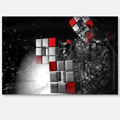 a black and white photo with red cubes in the center, on a gray background