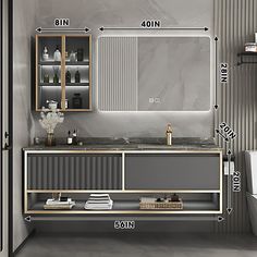 a bathroom with a sink, mirror and bathtub in it's size guide