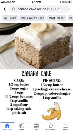 a banana cake recipe on a plate with instructions for how to bake the cake