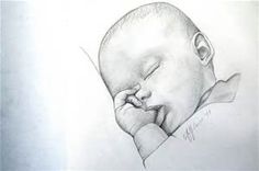 a pencil drawing of a baby's head resting on his hand and holding it to its chin