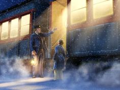 an animated image of a man and woman standing in front of a train on a snowy day