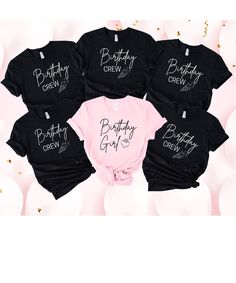 "This lovely birthday group T Shirt is perfect to make a birthday girl feel special. Have fun celebrating a friend, mum, sister or an aunt.  The black will always say \"Birthday Crew\" The white and pink will always say \"Birthday Girl\" This classic unisex jersey short sleeve tee fits like a well-loved favorite. Soft cotton and quality print make users fall in love with it over and over again. The shoulders have taping for better fit over time. Dual side seams hold the garment's shape for longer.  100% Airlume combed and ringspun cotton (fiber content may vary for different colors) Light fabric (4.2 oz/yd² (142 g/m Retail fit Tear away label Runs true to size Care Instructions: Wash Inside out with delicate cycle and lay flat to dry. Wash with like colors. Only non-chlorine bleach. Tumble Black T-shirt With Letter Print For Party, Black Short Sleeve Top For First Birthday, Black Tops With Graphic Print For Birthday Gift, Black Letter Print T-shirt For Birthday Gift, Black Letter Print T-shirt For Birthday, Black T-shirt With Name Print For Birthday Gift, Black T-shirt With Name Print For Birthday, Birthday Group Shirts, Matching Birthday Shirts