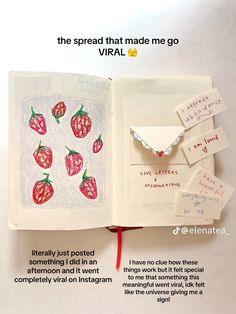 an open book with writing on the pages and pictures in it, including strawberries