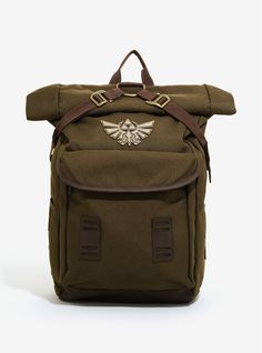 the legend of zelda backpack is green and has a brown strap around it's waist