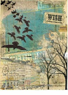 a collage of birds flying over a city with buildings and trees in the foreground