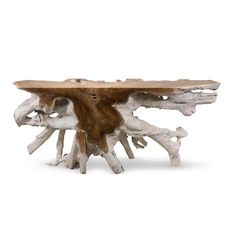 a table made out of driftwood on a white background