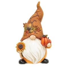 a small gnome figurine with sunflowers on it's head and an orange hat