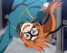 an anime character is upside down in the air with her head tilted to the side