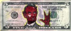 a one dollar bill with a drawing of a devil on it's face and hands