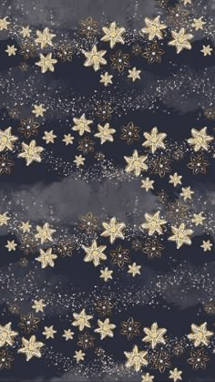 stars and clouds in the sky on a black background with gold trimmings fabric