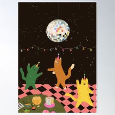 three cats are dancing in the night time poster