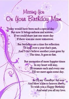 a purple birthday card with the words missing you on your birthday mum