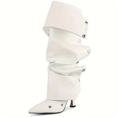 Women's Knee High Boots, Stiletto High Heel Pointed Toe Denim Boots, Zipper Detachable Snap-Off Wide Calf Slouchy Ruched Boots Ruched Boots, White Knee High Boots, Women's Knee High Boots, Denim Boots, Womens Knee High Boots, Wide Calf, High Heels Stilettos, High Boots, Knee High Boots