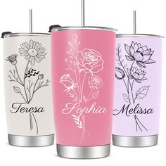 three personalized tumblers with flowers on them