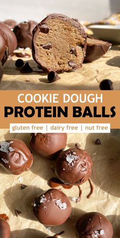 chocolate covered doughnuts on parchment paper with text overlay reading cookie dough protein balls gluten free / dairy free / nut free