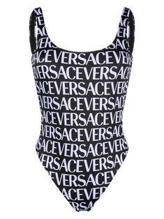 black/white all-over logo print scoop neck low back sleeveless full lining stretch-design Be mindful to try on swimwear over your own garments. Versace Swimsuit, Designer Bathing Suits, Versace Design, Bandage Bathing Suit, Versace Print, Soul Contract, Fashion Design Inspiration, Versace Fashion, Swimsuits Outfits