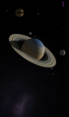 an artist's rendering of the solar system with saturn and its four satellites in view