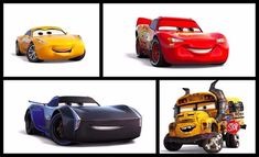 four different cars are shown in the same photo, each with their own character's name