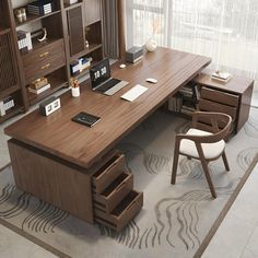 a wooden desk with drawers and a chair next to it