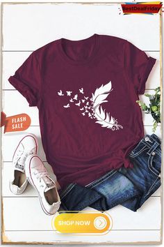 Bestdealfriday Feather Print Simple Round Neck Cotton T-shirt Cat Moon, Large Feathers, Summer Plus Size, Feather Design, Feather Print, Summer Fabrics, Plus Size Womens Clothing, Unique Designers, Black Spot