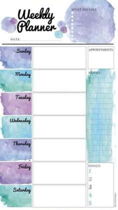 the weekly planner is shown with watercolor paint on it and text that says,