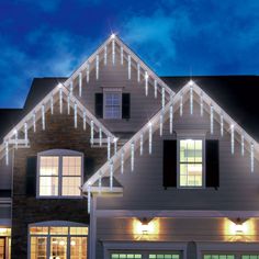 a house with christmas lights on the roof and windows