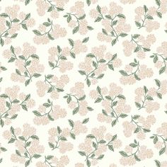 a white and green floral wallpaper with small pink flowers on the left hand side