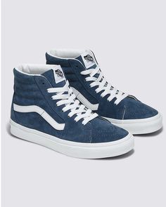 vintage indigo suede pigskin sk8-hi sneakers with the iconic white stripe Hi Top Vans, Skate Shoe, Vintage Indigo, High Top Vans, Ankle Support, Sk8 Hi, Vans Sk8, Shoe Size Chart, Side Stripe