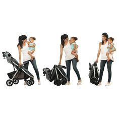 a woman holding a baby and pushing a stroller with three other women in it