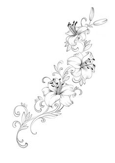 a line drawing of flowers with swirls and leaves on the bottom half of it