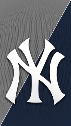 the new york yankees logo is shown in white on a blue and gray background with black diagonal