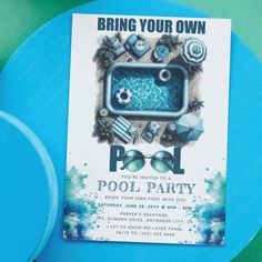 a pool party poster on the back of a blue frisbee with an umbrella