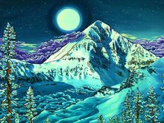 a painting of snow covered mountains and trees under a night sky with the moon in the distance