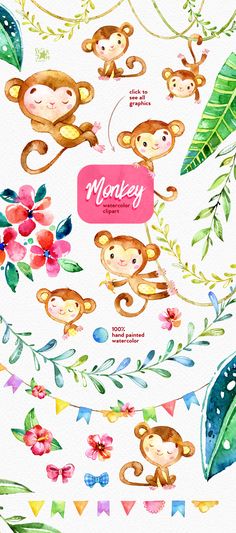 watercolor monkey clipart set with flowers and leaves on the bottom right hand corner