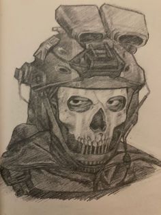 a drawing of a skull wearing a helmet with two skulls on it's head