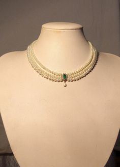 Wedding Necklace ,Bridal,Choker, Pearls, Rhinestone,Zirconium,  Emerald Green Stone, Statement ,Vintage Jewelry, Lady D,  Triple Pearls Row Pearl Choker Wedding, Emerald Green Stone, Lady D, Designer Silver Jewellery, Necklace Emerald, Bride Necklace, Bridal Pearl Necklace, Gold Mangalsutra Designs