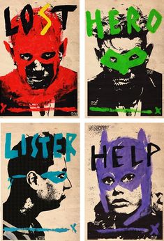 four different colored images of men with masks on their faces and the words hero written in them