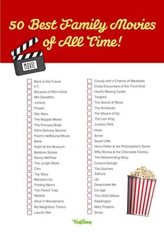 the 50 best family movies of all time list with popcorn and movie tickets on it