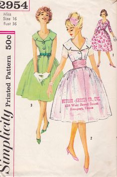 This vintage sewing pattern was designed by Simplicity in 1959. It makes a shirtwaist dress with a V neckline, a wide notched collar and a flared, gathered skirt. Size 16: Bust 36   ---   Waist 28   ---   Hip 38. The pattern is unused and still in factory folds. The instructions are included.. The envelope has significant age wear and will arrive in an archival sleeve. For more vintage dress patterns: https://www.etsy.com/shop/studioGpatterns?section_id=6940891 To visit my shop: https://www.etsy.com/shop/studioGpatterns Vintage Inspired Sewing Patterns, 1950s Style Vintage Pattern Day Dress, A-line Dress With Vintage Pattern In 1950s Style, Strapless Dress Pattern, 1950 Petticoat Sewing Patterns, Mascot Horror, Sewing Patterns 1950 Voge, 1950 Women, 1953 Sewing Pattern