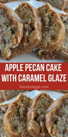 two pictures of apple pecan cake with caramel glaze on top and bottom