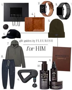 an assortment of men's clothing and accessories for him, including a hat, hoodie, watch, cap, gloves, sunglasses, wallet, wristband