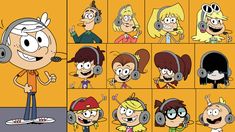 cartoon characters with headphones in various poses