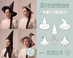 a woman wearing a hat with different hats on her head and the words, stitchmaten paper sewing pattern