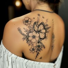 112 Sketch Style Tattoos That Will Inspire Your Next Ink Butterfly Tattoos Images, Butterfly With Flowers Tattoo, Shoulder Blade Tattoo, Sketch Style Tattoos, Bad Tattoos, Sketch Tattoo Design, Tattoo Magazines, Tattoos For Black Skin, Modern Tattoos