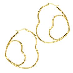 PRICES MAY VARY. Unique Double Heart Design: These stainless steel double heart gold hoop earrings feature a large geometric heart with a smaller heart inside, offering a simple yet classic statement piece that enhances any outfit with a touch of love and elegance. Versatile for Any Occasion: Perfect for everyday casual wear, home, university, beach, cocktail parties, clubbing, travel, holidays, and more formal settings like weddings, office, work, or business events, these lightweight gold earr Dainty Gold Jewelry, Statement Hoop Earrings, Chunky Hoop Earrings, Gold Earrings For Women, Chunky Earrings, Geometric Heart, Cocktail Parties, Business Events, Double Heart