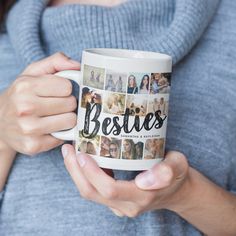 a woman holding a coffee mug with the words besties on it in multiple photos