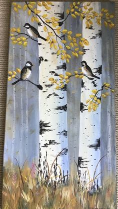 an acrylic painting of birds perched on birch trees