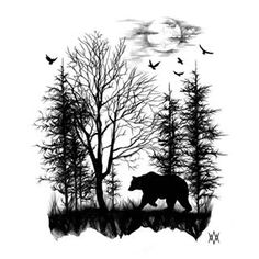 a bear is walking through the woods in front of trees and birds flying above it